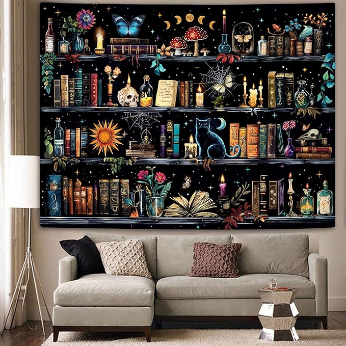 YEXIT Magic Bookshelf Tapestry, Witches & Skulls Gothic Wall Tapestries Black Cat for Study Room Living Room Dorm Bedroom 36×48 inch