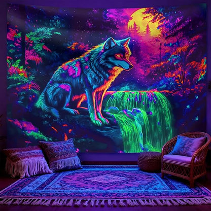 seewan Black Light Wolf Tapestry, Mysterious Wolf Tapestry, UV-Reactive Black Light Standing Tapestry, Vibrant Psychedelic Wall Hanging, Bedroom Dorm Living Room Background Decor
