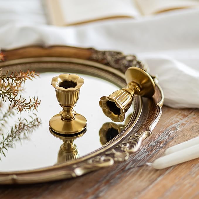Vintage Candlestick Candle Holders Brass - Romadedi Taper Gold Candle Stick Victorian Style for Table Centerpiece Wedding Festive Christmas Mantel Decoration or Home Decor Set of 2
