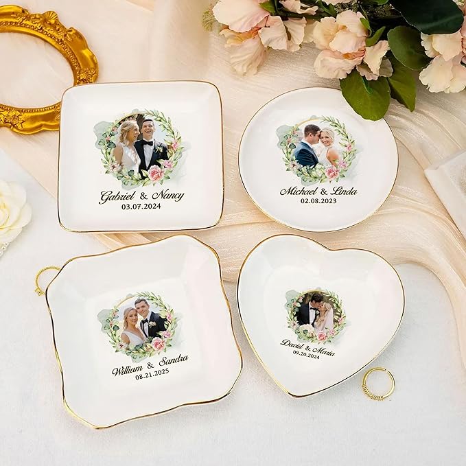 Personalized Photo Wedding Ring Dish Gifts for Couples, Married Jewelry Tray Ring Holder, Wedding Gifts for Women Newlywed Future Bride To be, Engaged Gift for Mr Mrs Wife Husband Him Her