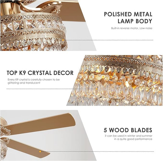 Crystal Ceiling Fan Fandelier with Lights - 52" Modern Outdoor Fans with Remote Control，Noiseless AC Motor, Retro/Farmhouse Lighting, Dining Room,Living Room (Gold