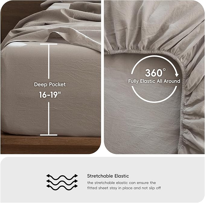 MooMee Bedding Sheet Set 100% Washed Cotton Linen Like Textured Breathable Durable Soft Comfy (Heathered Cream Grey, California King)