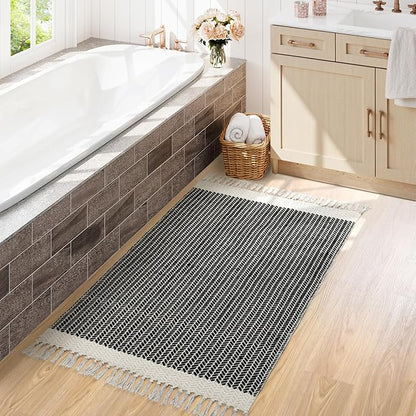 Lahome Boho Entryway Rug, 3x5 Rugs for Bedroom Lightweight Washable Throw Rug Woven Cotton Bathroom Carpet with Tassels, Farmhouse Black and White Rugs for Living Room Kitchen Office Dorm