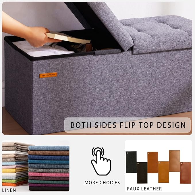 HAUSFRAU 31.5 Inches Ottoman with Storage Bench, Folding Ottoman Bench Small Foot Rest Stool, Bedroom Bench with Flipping Lid, Linen Gold