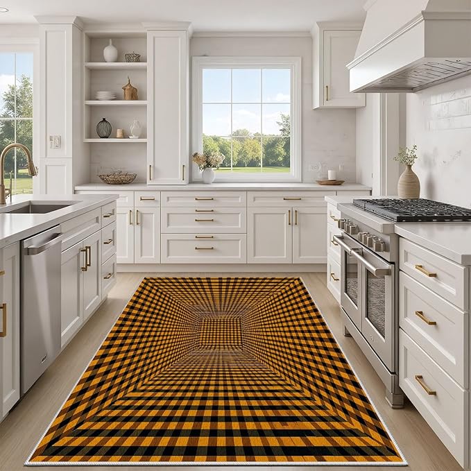 3D Rugs Optical Illusion - Plaid Rug 6x8, Geometric Stripes Soft Neutral Indoor Floor Mats Carpet, Non-Slip Stain Resistant Modern Orange Rug for Bedroom, Living Room Rugs
