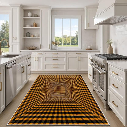 3D Rugs Optical Illusion - Plaid Rug 2x3, Geometric Stripes Soft Neutral Indoor Floor Mats Carpet, Non-Slip Stain Resistant Modern Orange Rug for Bedroom, Living Room Rugs