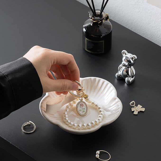 Flower Shape Ring Tray Jewelry Dish Key Bowl Ceramic Trinket Tray Decorative Jewelry Dish for Rings Necklace Earring Key Watch Home Decoration for Friend Sister Mom(White)