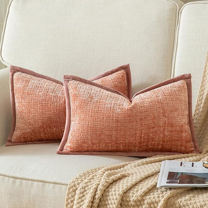 Yaertun Pack of 2 Chenille Textured Decorative Throw Pillow Covers Accent Solid Cushion Cover Soft Cozy Pillow Case with Velvet Back for Couch Sofa Bed Living Room 16x24 Inch Pink