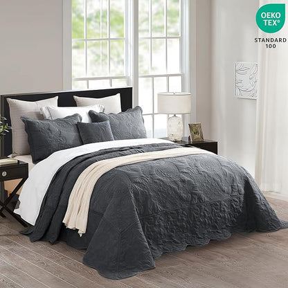 HZ & HY Oversized King Bedspread 138x122 Extra Wide, Quilted Coverlet Bedding Set, Lightweight Thin Comforter, Reversible, Luxurious, 5 Piece, 100% Microfiber, California/Alaskan King, Dark Grey