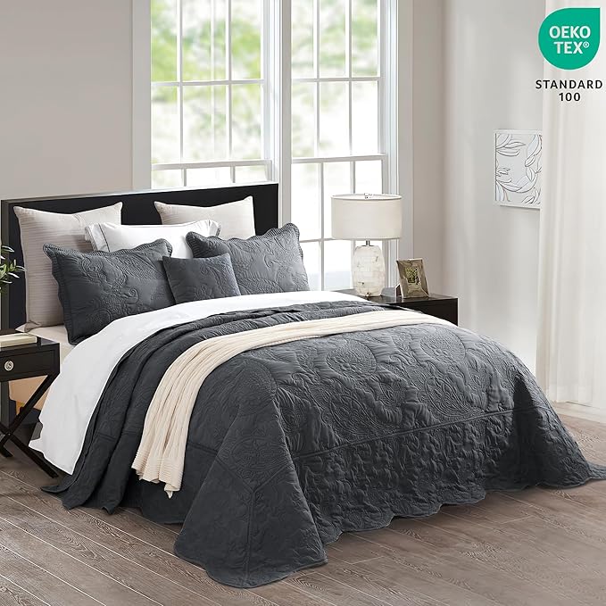 HZ & HY Oversized King Bedspread, Quilted Coverlet Bedding Set, Lightweight Thin Comforter, Reversible, Luxurious, 5 Piece, 100% Microfiber, Dark Grey