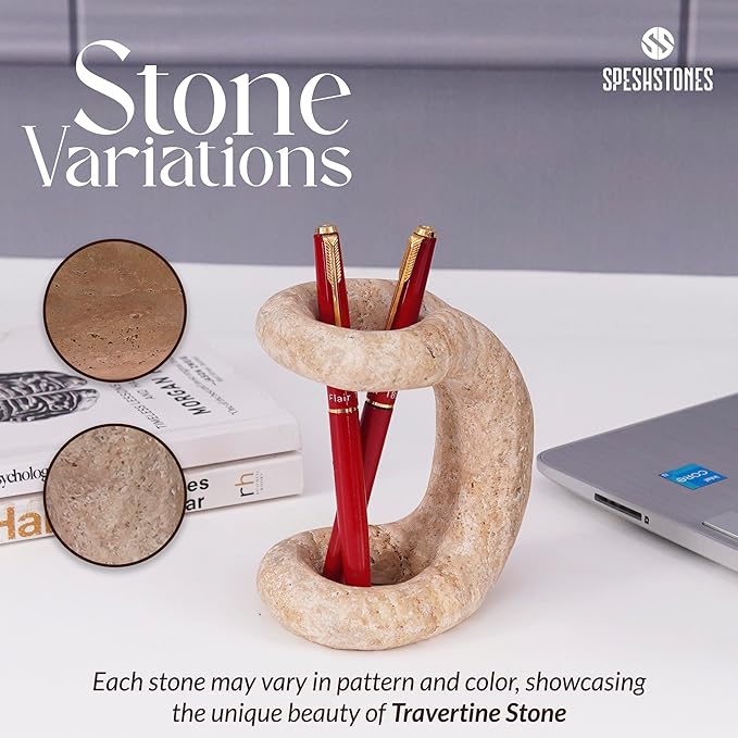 Marble Pen Holder for Desk 4 Inch Handmade Travertine Pencil Holder for Desk Accessories, Gifts & Workspace Organizers, Stationary Holders Organizer for Office Supplies Decor