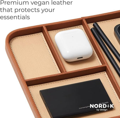 Nordik Leather Valet Tray - Sand Brown - 9.5 x 7.9 Inch Medium Vegan Leather Tray - Stylish Nightstand Organizer for Men - Modern Bedside Caddy - EDC Catchall for Key Watch Wallet Jewellery