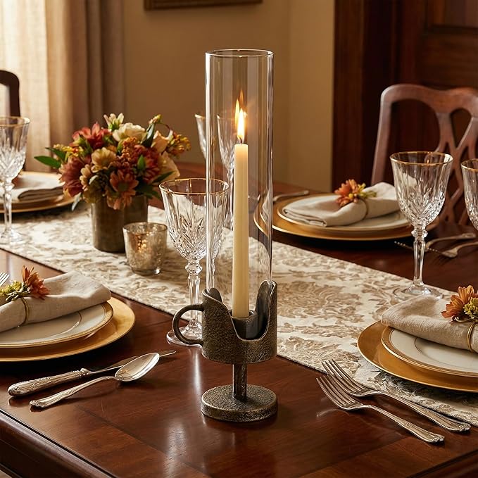 Handcrafted Cast Iron Base Hurricane Candle Holder with Glass Shade - Elegant Vintage Candle Stand for Taper Candles - Perfect for Living Room, Dining Room, and Home Décor 14“ High