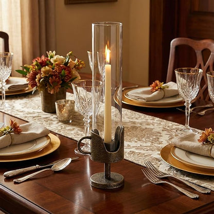 Handcrafted Cast Iron Base Hurricane Candle Holder with Glass Shade - Elegant Vintage Candle Stand for Taper Candles - Perfect for Living Room, Dining Room, and Home Décor 14“ High