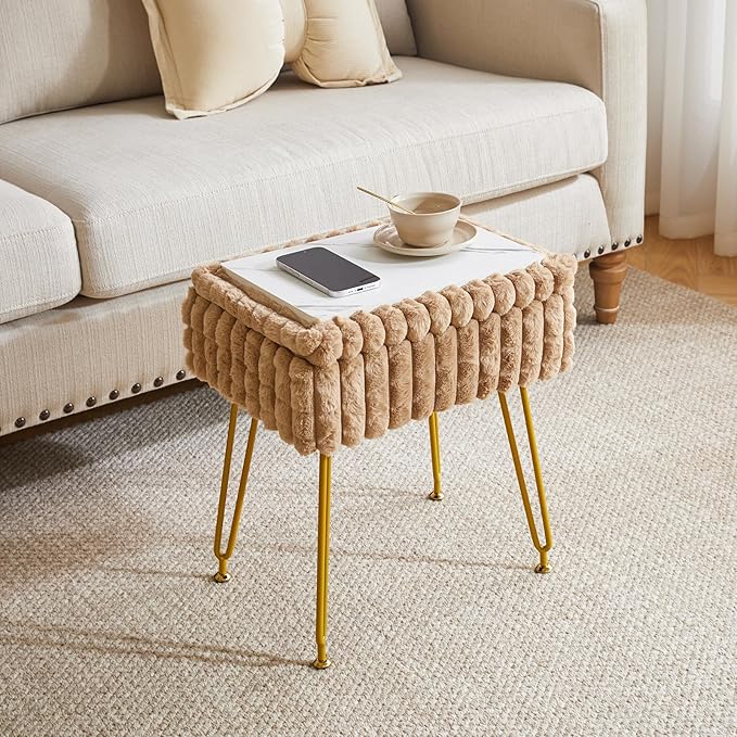 IBUYKE Rectangle Vanity Chair with Storage Space, Footrest Footstool Ottoman, Vanity Stool, Dressing Table Chair, with Anti-Slip Feet, for Makeup Room, Bedroom, Square Grid Pattern, Khaki WBD004K