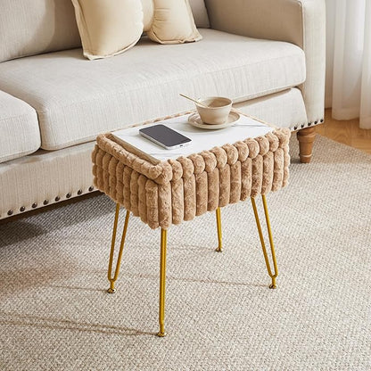 IBUYKE Rectangle Vanity Chair with Storage Space, Footrest Footstool Ottoman, Vanity Stool, Dressing Table Chair, with Anti-Slip Feet, for Makeup Room, Bedroom, Square Grid Pattern, Khaki WBD004K