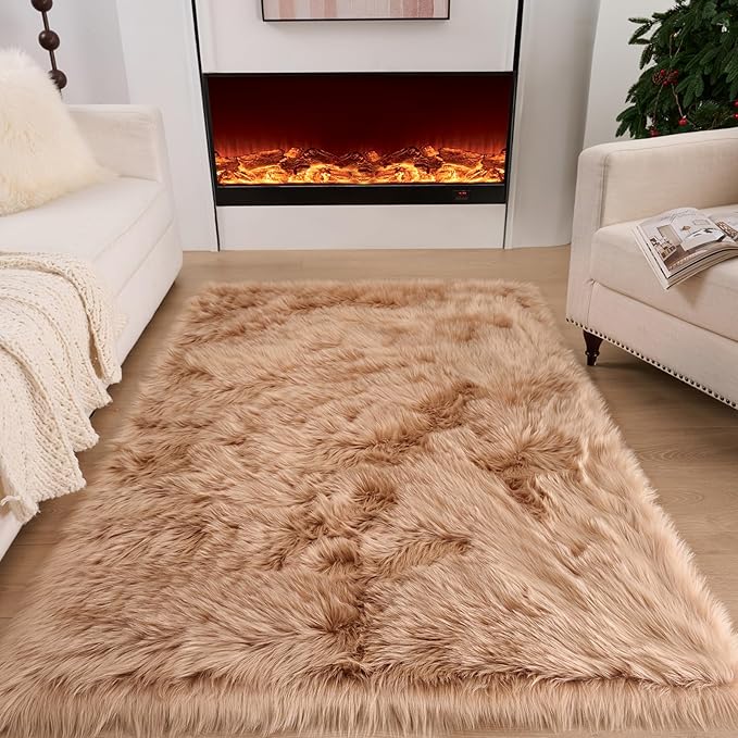 Fluffy Faux Fur Rug Brown Sheepskin Area Rug,4x6 Ft Ultra Soft Shaggy Plush Rug for Bedroom Bedside Living Room Nursery Kids Room