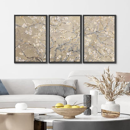 MUDECOR Framed Canvas Print Wall Art Blossoming Branches Vintage Floral Illustrations Realism Decorative for Living Room, Bedroom, Office - 24"x36"x3 Black