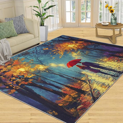 London Streets Washable Rugs 3x4 Rug for Living Room, Rainy Night Oil Painting 3x4 Rug Autumn Landscape Low-Pile Carpet for Bedroom Dining Non Slip Mat with Rubber Back