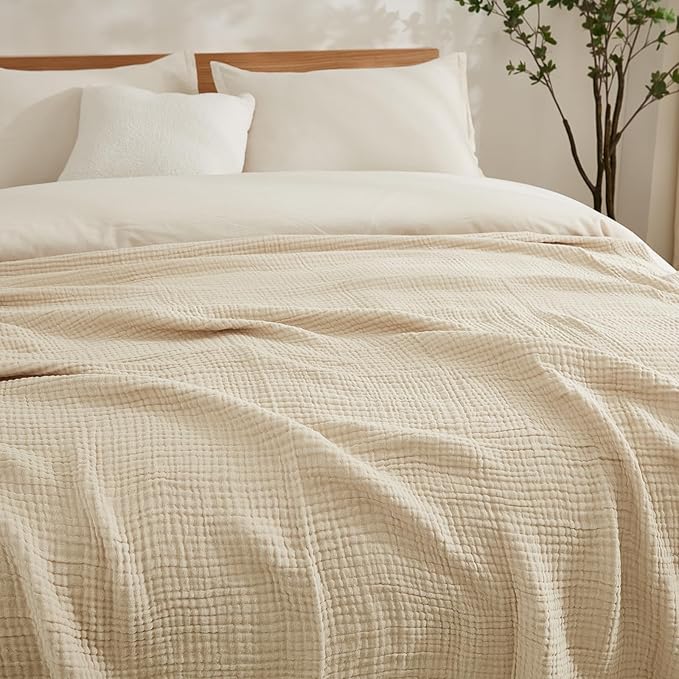 EMME Cotton Bed Blanket Twin Size Soft Muslin Boho Bedding Lightweight Breathable Light Tan Twin Blanket All Season Gauze