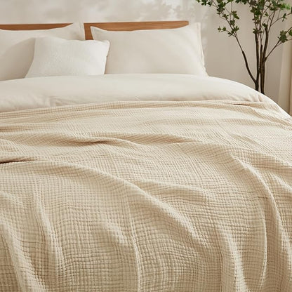 EMME Cotton Muslin Blanket Twin XL - 66"x90" Lightweight Breathable Light Tan Layering Bedspread Coverlet All Season Gauze