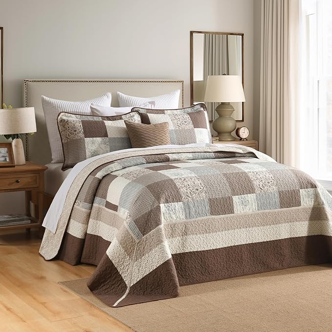 SahSahCasa 100% Cotton 120"x120" Oversized California King Bedspread Coverlet Quilt Set, Cal King Plaid Paisley Floral Extra Large Reversible XL Bed Spread Lightweight Comforter, Brown/Beige/Gray