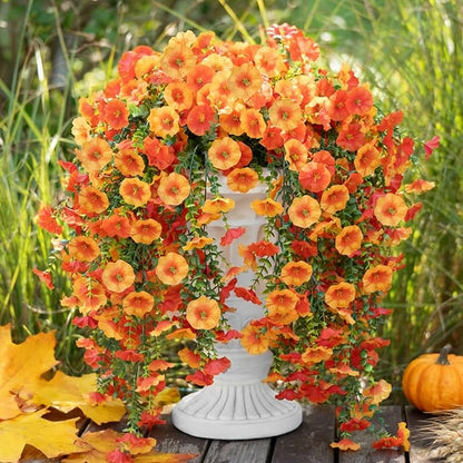 2 PCS Artificial Hanging Fall Flowers for Outdoor Decoration, UV Resistant Realistic Silk Morning Glory with Eucalyptus for Autumn Home Decor Porch Balcony Garden Planter(Orange Yellow)
