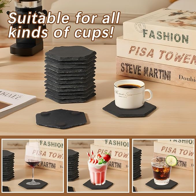 48PCS Slate Coasters for Laser Engraving, 4inch Black Beverage Coasters for Hand Painting, Non-Slip Bottom Mat, Home Office Kitchen Gift Wedding Bar Party(Hexagon)