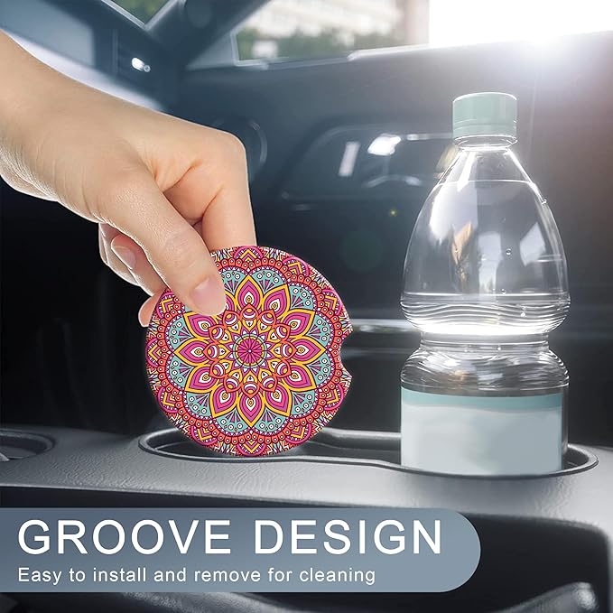 Boho Mandala Car Coasters for Women 2 Pack,Vintage Flower Ottoman Absorbent Car Coasters for Cup Holders Insert Ceramic Anti Slip with Finger Notch & Cork Base Auto Accessories Gifts
