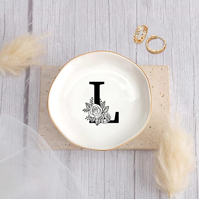 JoycuFF Initial L Ceramic Jewelry Tray, Bridesmaid Bride Gifts, Mothers Day Christmas Anniversary Engagement Birthday Gifts for Women Couples, Trinket Dish for Rings Earrings Necklaces Bracelets Keys