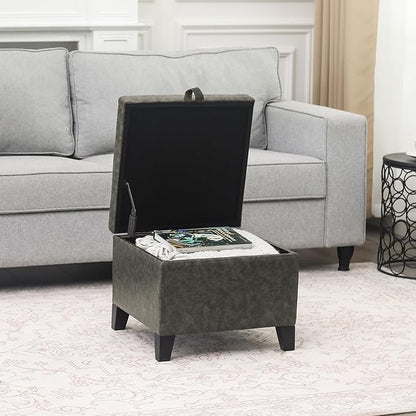 Adeco Small Faux Leather Storage Ottoman Bench with Wood Legs, 15.2" Square Mixed Grey PU Cube Foot Stool, Upholstered Button Tufted Vanity Chair with Hinged Lid for Living Room, Bedroom, Dorm