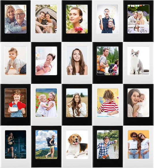 Epakh 20 Packs Magnetic Photo Picture Frame Cute Mini Table Photo Frame Holder 3 Inches Plastic Colorful Picture Display for Fridge Office (Black and White)