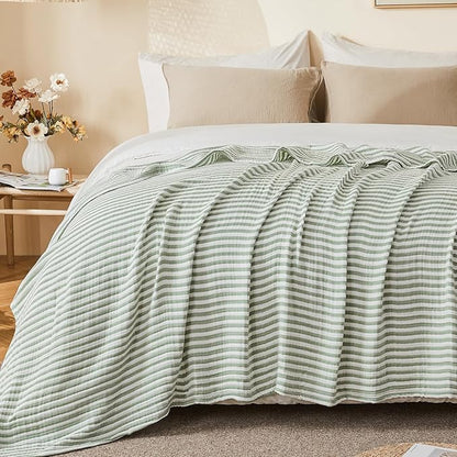 EMME Cotton Muslin Large Throw Blanket Couch Breathable Gauze Soft Lightweight Bed Blankets Adults (Striped Sage Green, 50"x70")