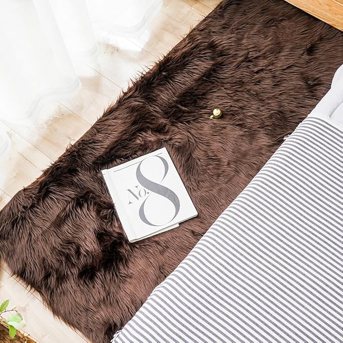 Carvapet Luxury Soft Faux Sheepskin Fur Area Rugs for Bedside Floor Mat Plush Sofa Cover Seat Pad for Bedroom, 2.3ft x 5ft,Brown