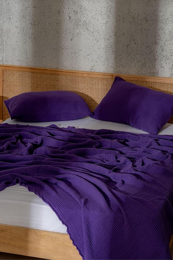 Muslin Blanket - Pure 100% Turkish Cotton Airy Soft Light Versatile Gauze Throw Blanket for Bed, Couch, Sofa (Purple, California King Size (95" x 125" inch))