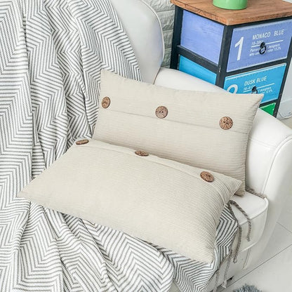 HWY 50 Cream White Chenille Throw Pillow Covers 12x20 Inch with Triple Buttons, Soft Farmhouse Accent Decorative Cushion Cases for Couch Sofa Bed Living Room Pack of 2 Rectangle