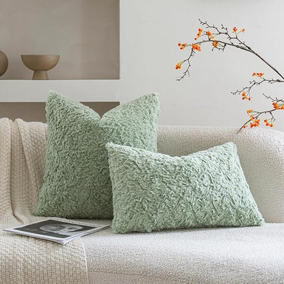 Neelvin Set of 2 Faux Fur Throw Pillow Covers 16x16 Inch Sage Green Cozy Soft Solid Decorative Pillowcases Thick Plush Sheepskin Cushion Case for Chair and Couch Sofa Bedroom