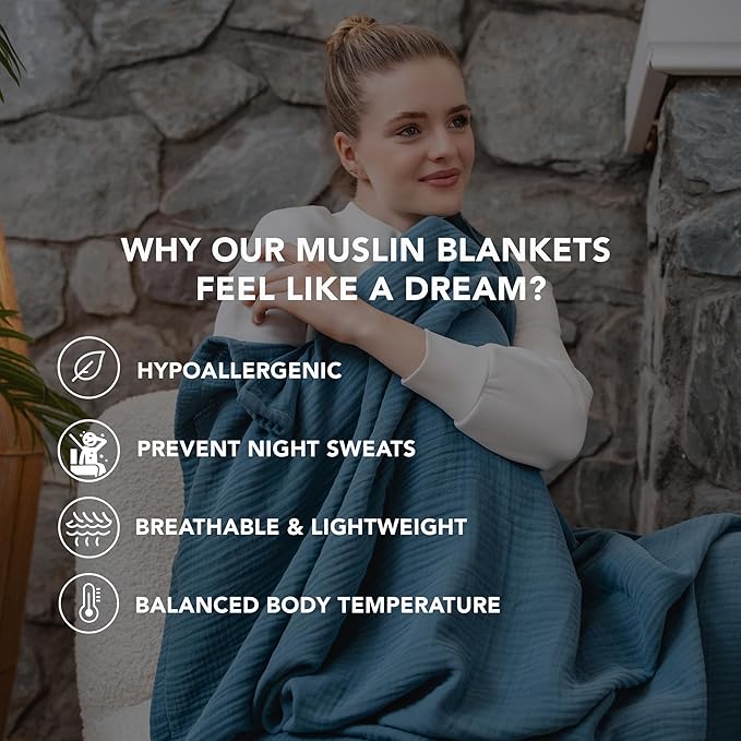 Goqan Muslin Blanket King Size 90x108 – 100% Turkish Cotton 4 Layer Boho Muslin Blanket for Adults, Four Season, Lightweight and Thin, Soft, Breathable for Bed, Couch - Teal