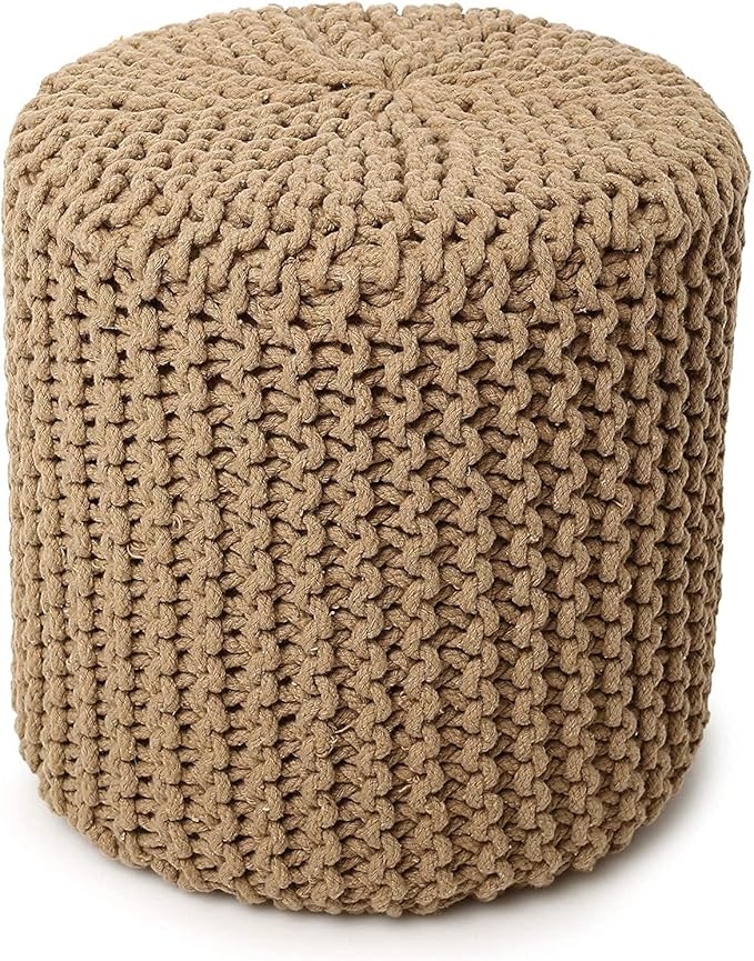 REDEARTH · Cylindrical Hand Knitted Pouf - Foot Stool Ottoman - Cord Boho Pouffe - Cotton Round Poof for Home Decor - Living Room - Nursery - Bedroom - Patio (16" x 16" x 16") - Beige, Set of 2