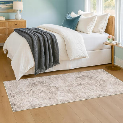 Washable Non Slip Stain Resistant 2x5 Runner Rug for Bathroom, Kitchen, Laundry Room, Bedroom Beside Bed, Unique Tan Distressed Abstract Eclectic Runner Décor, Beige Brown
