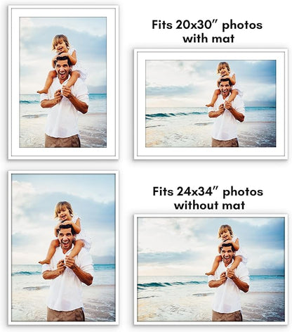 Americanflat 24x34 Poster Frame with Polished Plexiglass - Use as 20x30 Frame with Mat or Display 24x34 Photo Without Mat - Streamline Collection - Thin Border Picture Frames for Wall - White