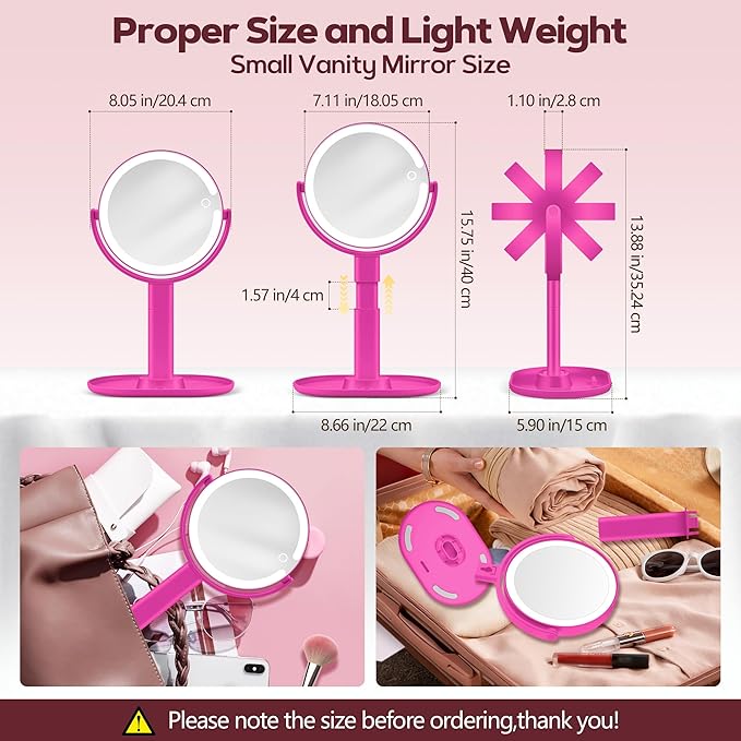 Makeup Mirror with Lights, 30X Magnifying & Height Adjustable, Lighted Magnifying Mirror with 3 Light Modes and Stepless Dimming, Vanity Mirrors for Bathroom, Birthday Gift for Women, Hotpink