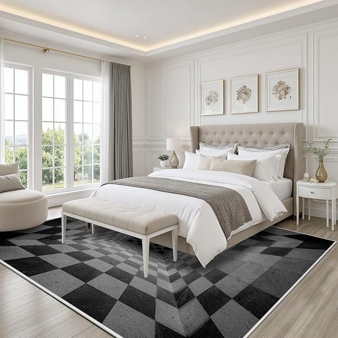 3D Rug 6x9, Plaid Soft Ultra Soft Faux Wool Low Pile Optical Illusion Rug, Indoor Floor Mats Abstract Geometric Carpet, Non-Slip Stain Resistant Washable Rugs, Modern Gray Rugs for Living Room
