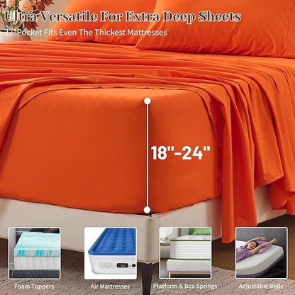 MEISHANG 100% French Pure Linen Sheets California King Size - Extra Deep Pocket Sheet Set, Soft Durable Flax Linen, Anti-Tear Breathable & Oeko-Tex Certified 18-24 Deep Pocket,All Season(Orange)