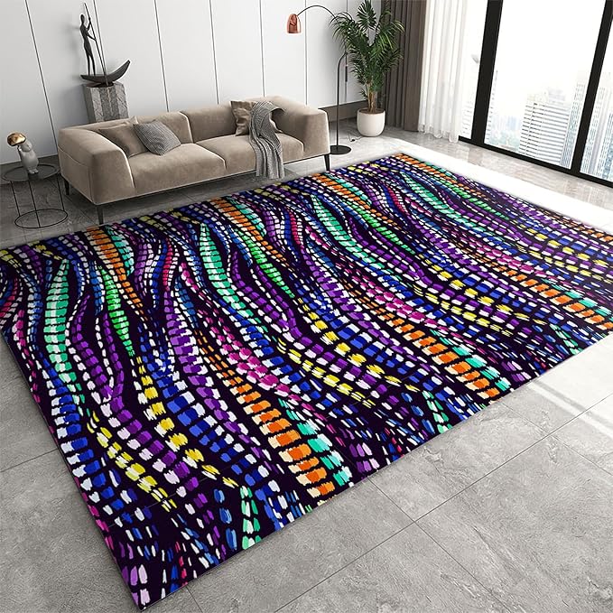 Trippy Creative Colorful Geometric Lines Area Rug, Modern Creative Bohemian Style Print Large Carpet, Machine Washable Breathable Durable Carpet for Front Entrance Floor Living Room Decor,6 x 8ft