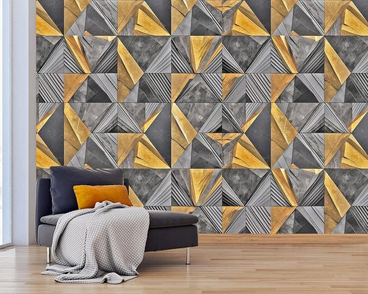AFZEVEB-3D Geometric Wall Mural Gray and Gold Wallpaper for Bedroom 136"x96"(Not Peel and Stick)