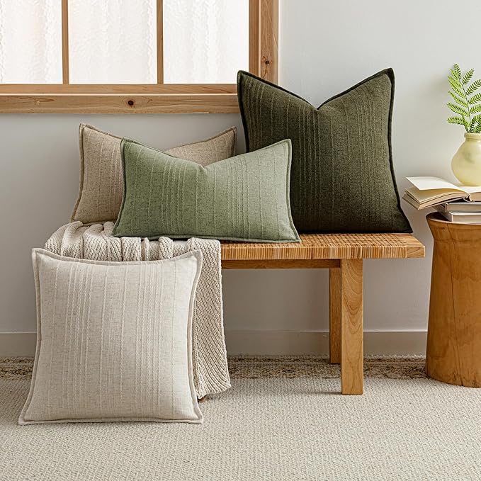 a moment Linen Pillow Covers Set of 2,Boho Farmhouse Throw Pillowcases Neutral Textured Decorative Covers for Couch Sofa,Soft Linen Blend Accent Case Cushion Home Decor 18"x18"Seeding Green
