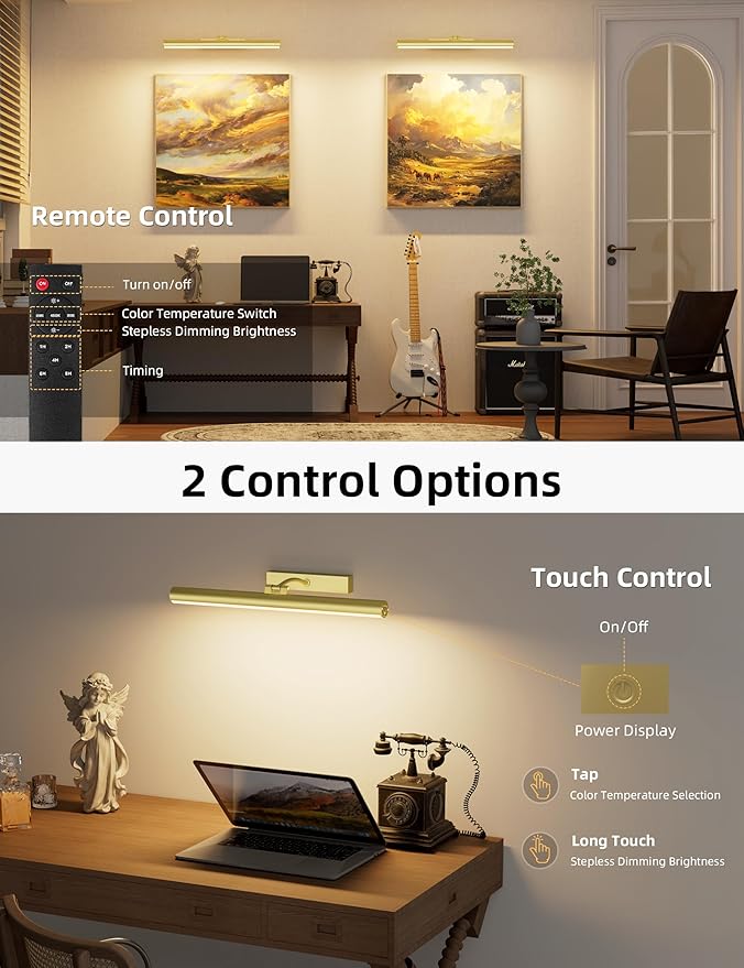 VOLISUN 16 inch Picture Lights for Wall, Rechargable Picture Light Battery Operated, 3 Color Temperatures Cordless Picture Light with Remote, Art Light for Paintings, Gallery, Portrait, 2 Pack (Gold)