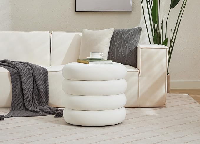 Flouki 20.1" Storage Ottoman Round, Vanity Stools for Bedroom, Entryway Ottoman for Console Table, Ottoman Stool for Girls Women, Foot Stool for Living Room, Set of 2, Velvet White