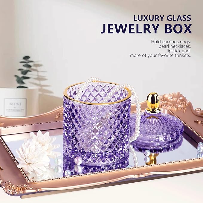 Glass Jewelry Box Purple Trinket Dish Crystal Candy Jars with Lids Candy Dishes Decorative Apothecary Jars Small Storage Bowl Unique Gifts for Women